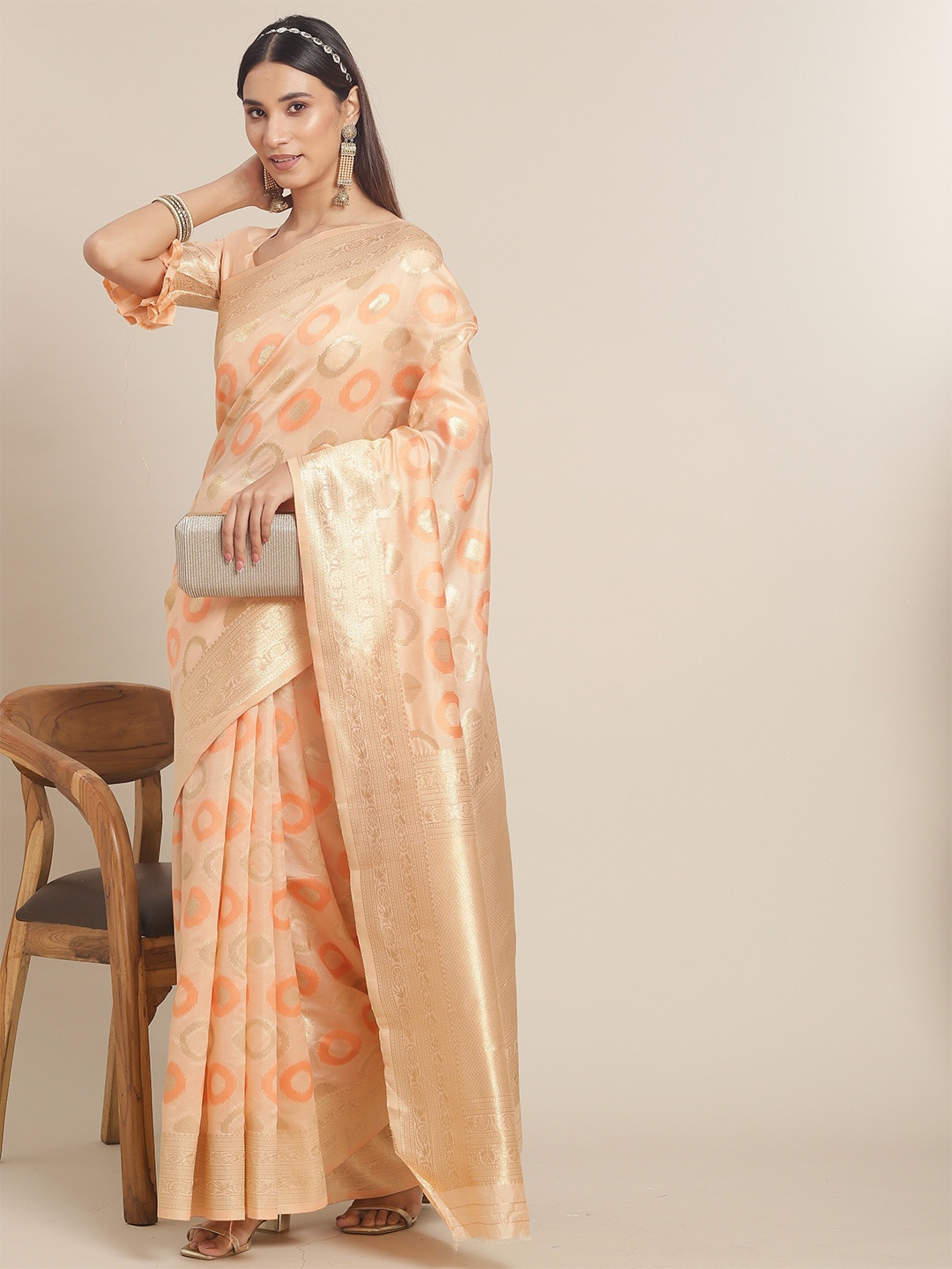 

MAHALASA Geometric Woven Design Zari Detailed Jacquard Saree, Peach