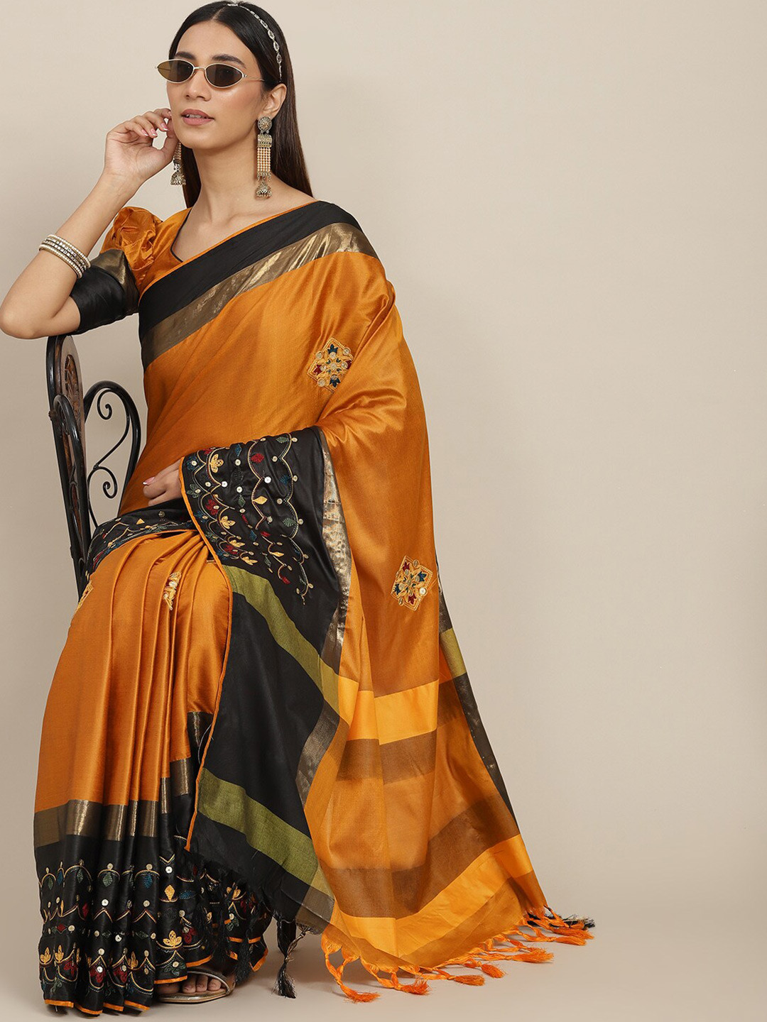 

MAHALASA Floral Embroidered Sequinned Silk Cotton Saree, Orange