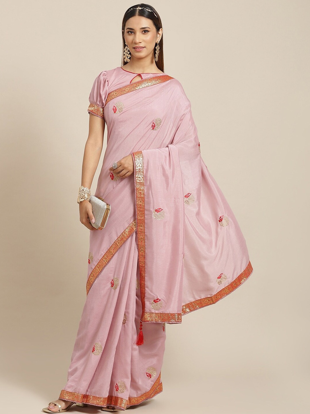 

MAHALASA Ethnic Motifs Embroidered Zari Pure Georgette Saree, Pink