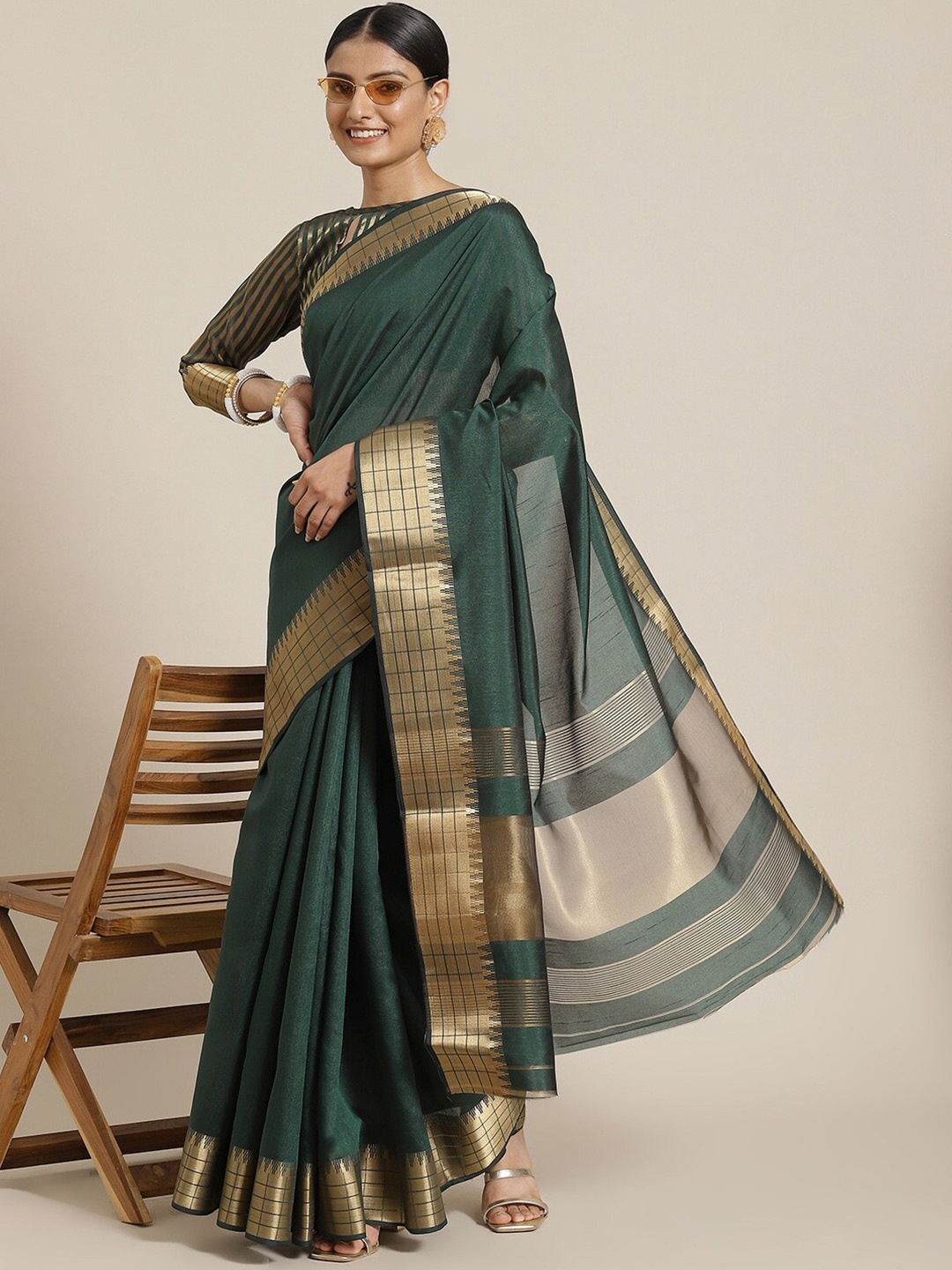 

MAHALASA Woven Design Border Zari Saree, Green
