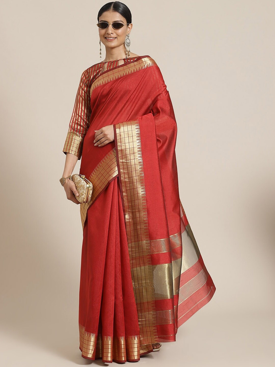 

MAHALASA Woven Design Border Zari Saree, Red