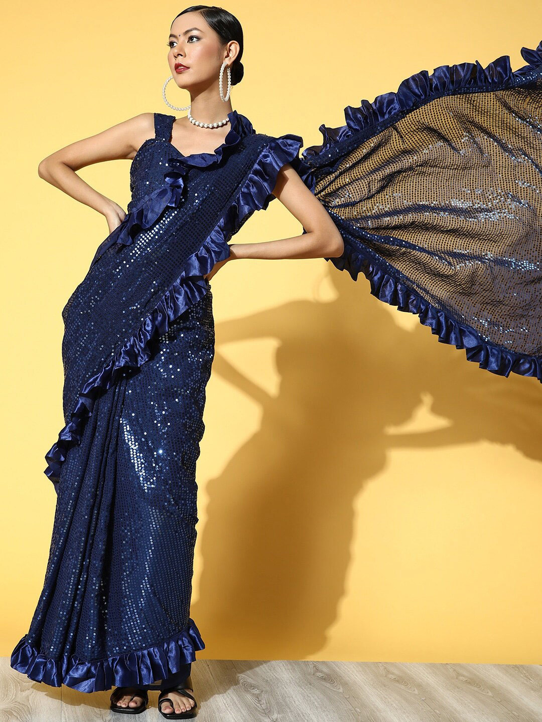 

MAHALASA Embellished Sequinned Ruffles Pure Georgette Saree, Blue