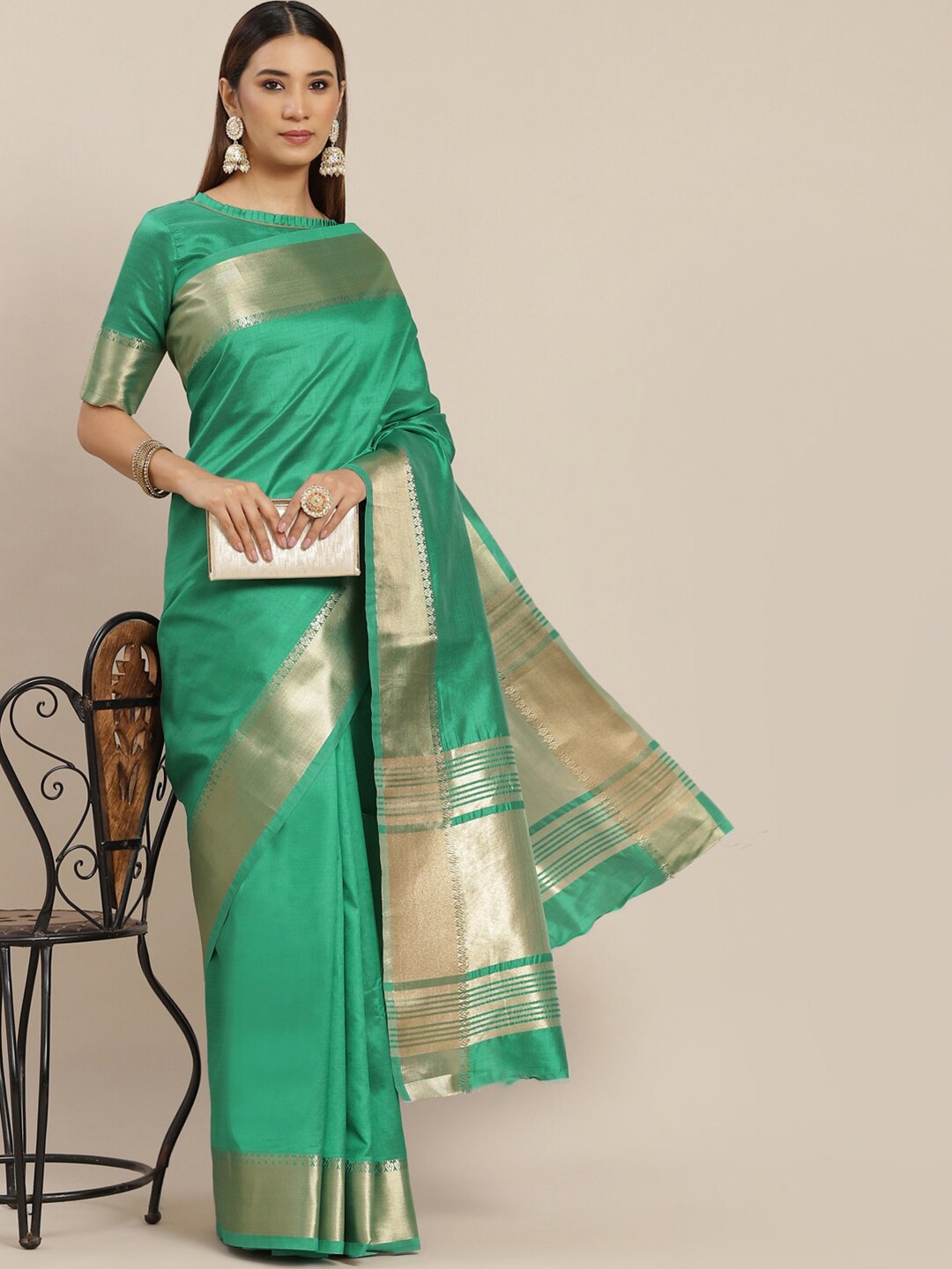 

MAHALASA Zari Detail Saree, Turquoise blue