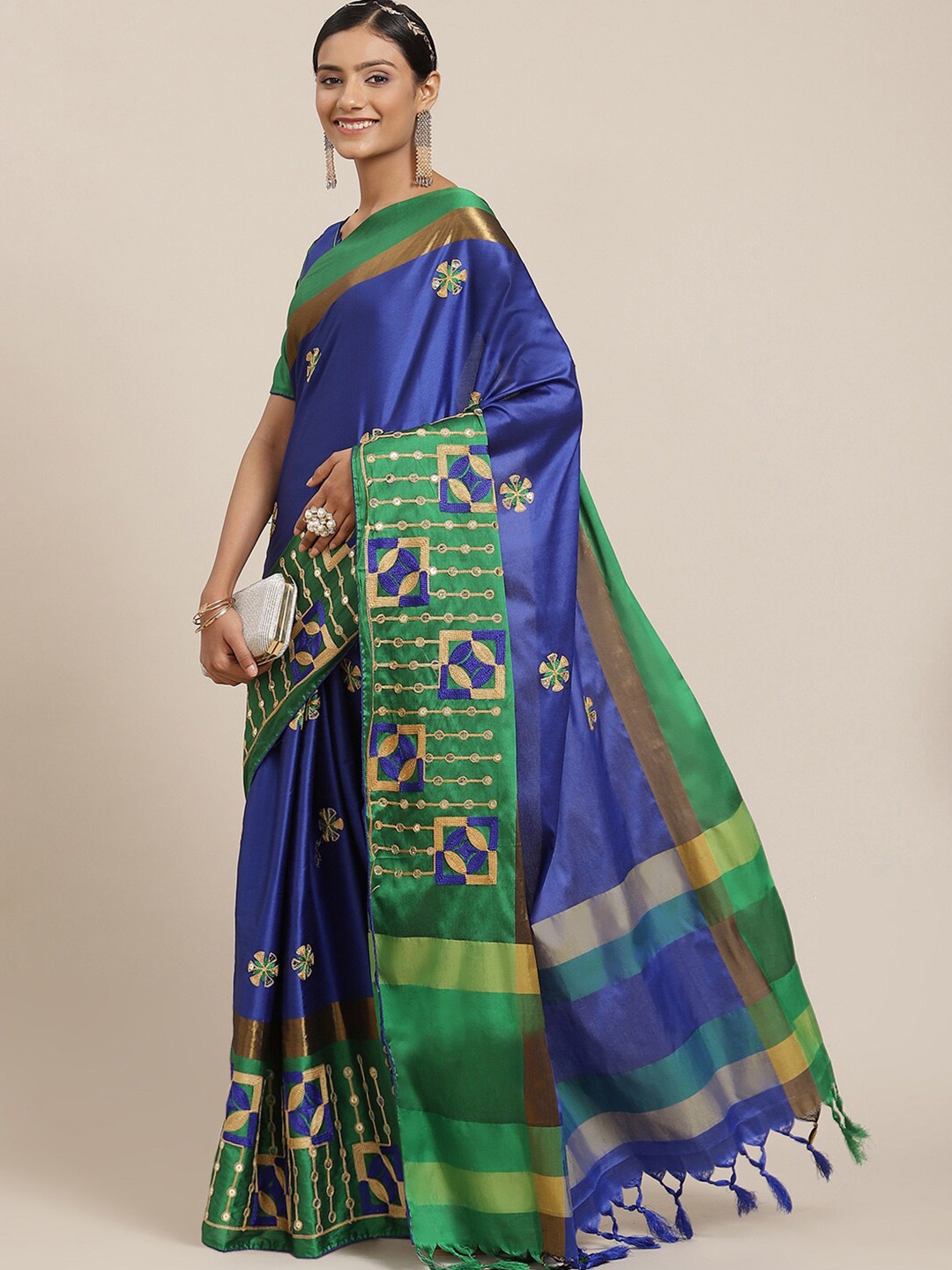 

MAHALASA Floral Embroidered Sequinned Silk Cotton Saree, Blue