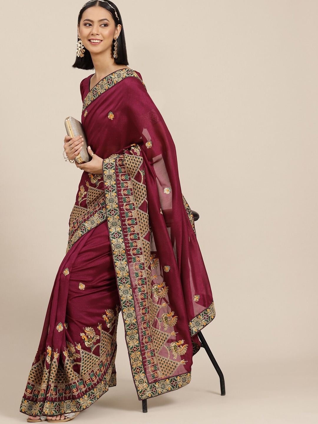 

MAHALASA Ethnic Motifs Embroidered Saree, Maroon