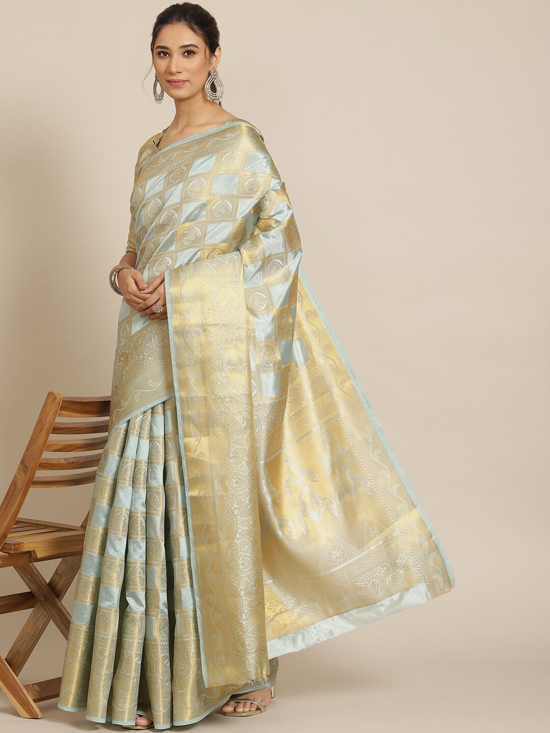 

MAHALASA Ethnic Motifs Woven Designed Silk Cotton Banarasi Saree, Turquoise blue