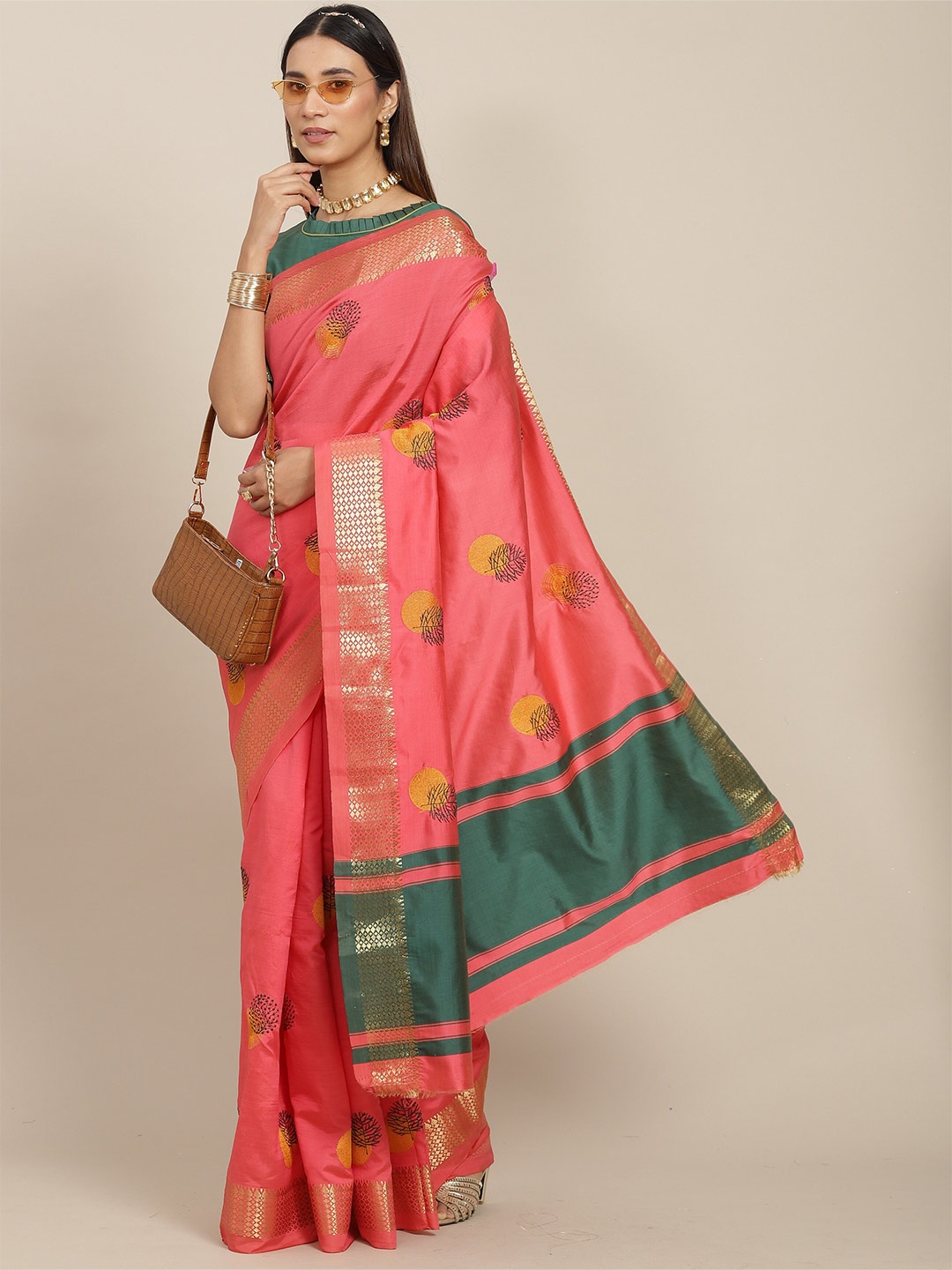 

MAHALASA Ethnic Motifs Embroidered Cotton Silk Zari Saree, Pink