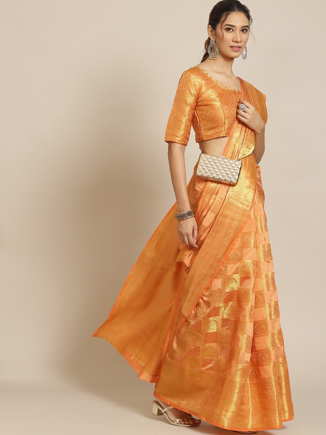 

MAHALASA Ethnic Motifs Woven Design Silk Cotton Saree, Peach