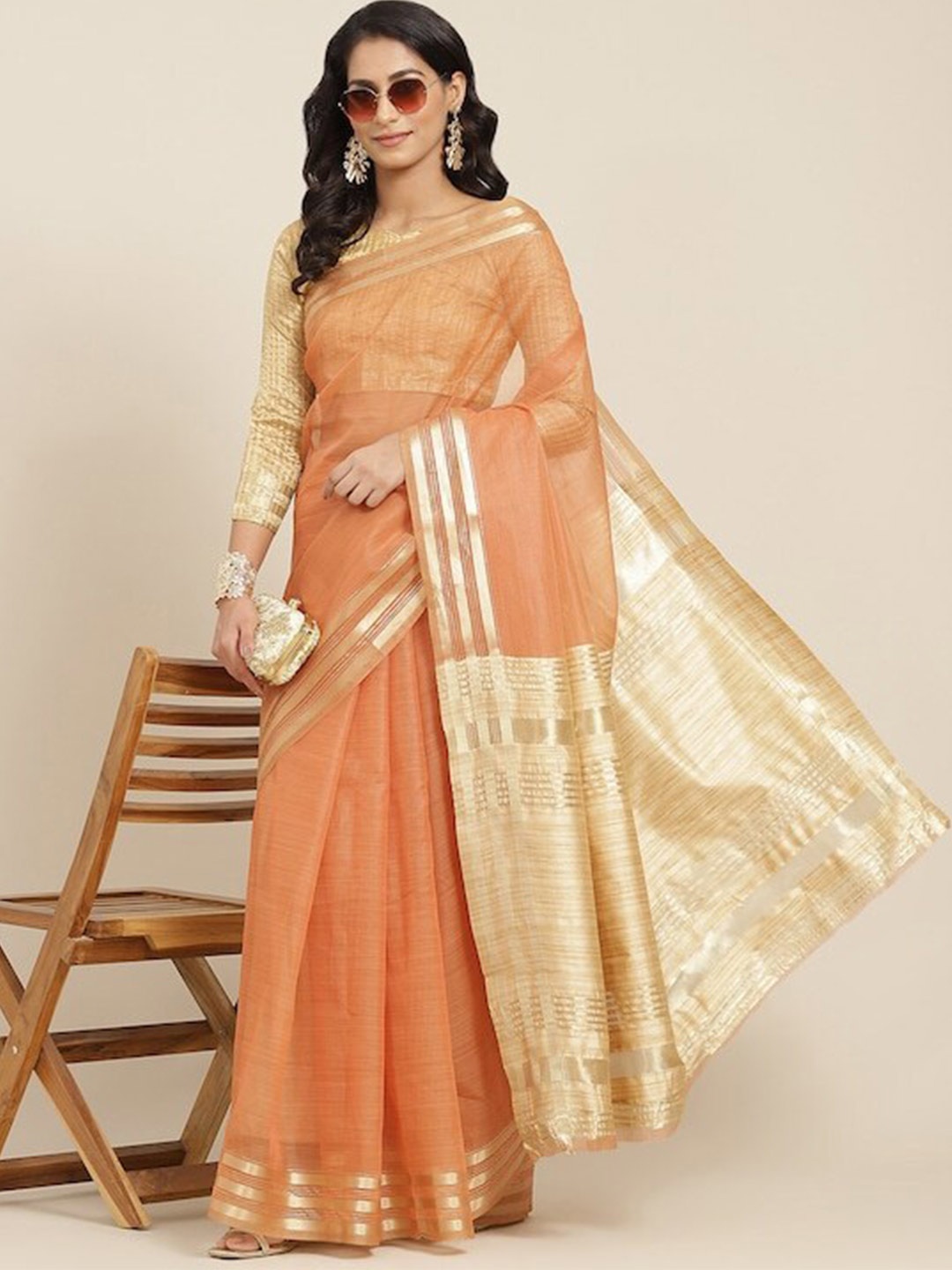 

MAHALASA Zari Organza Saree, Orange