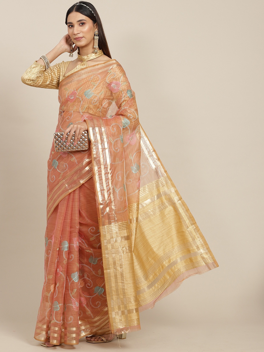 

MAHALASA Ethnic Motifs Embroidered Zari Organza Saree, Pink