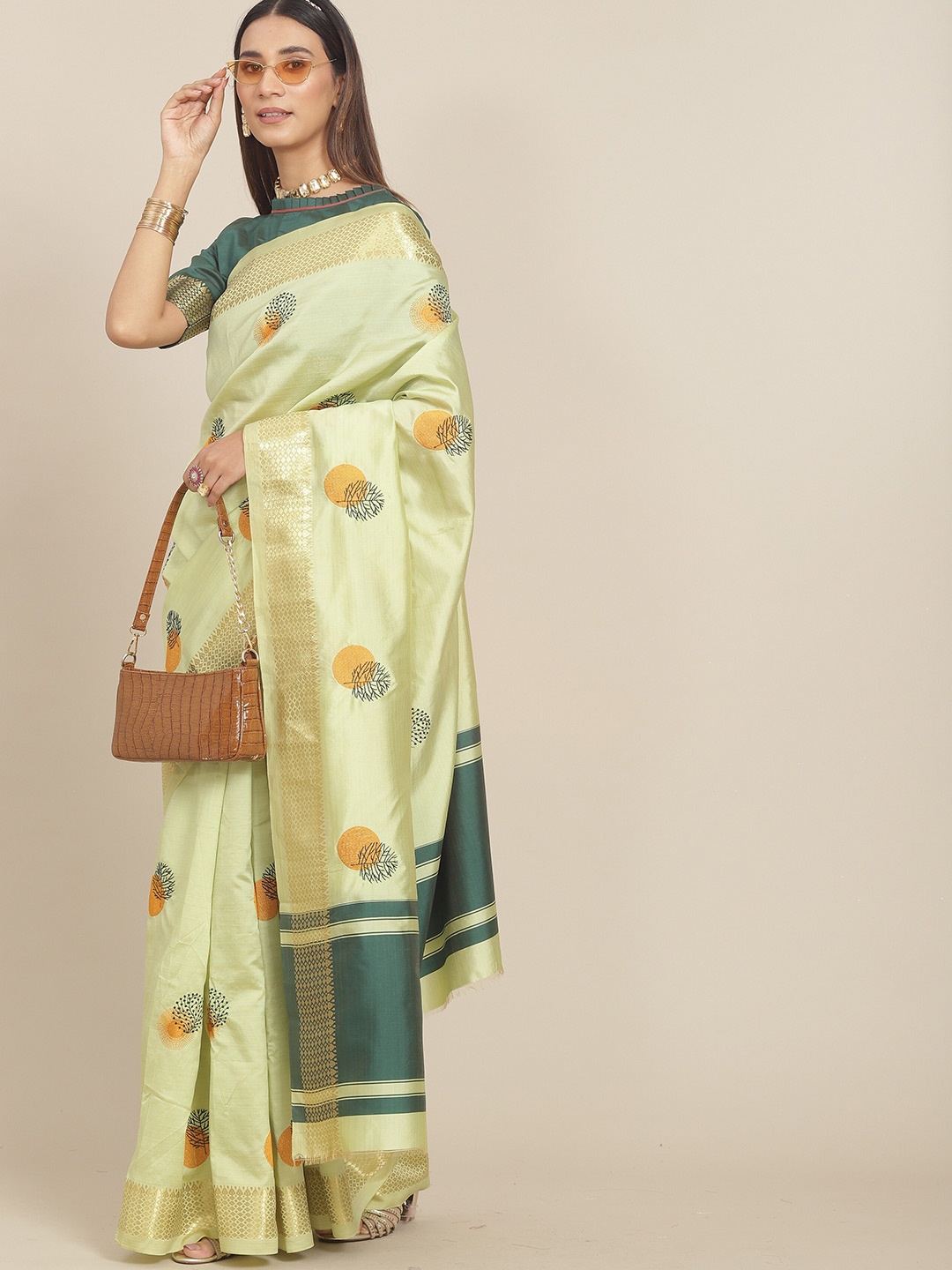 

MAHALASA Ethnic Motifs Embroidered Silk Cotton Saree, Green