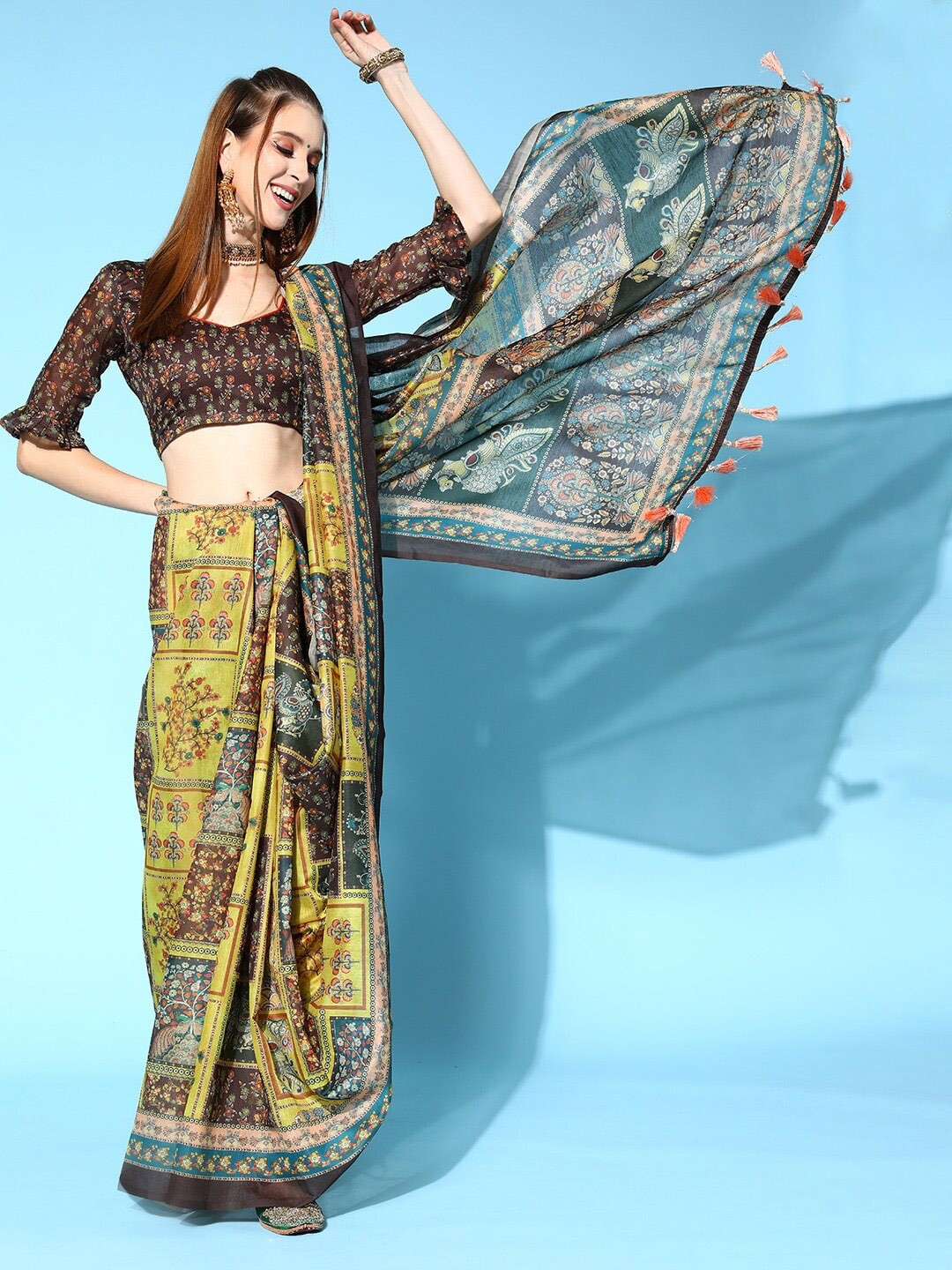 

MAHALASA Kalamkari Printed Saree, Green