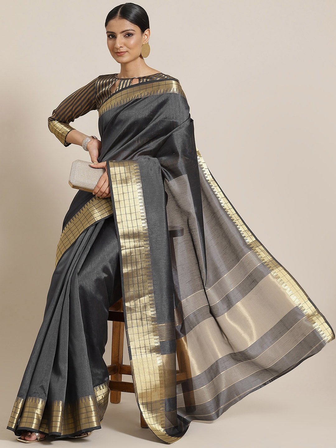 

MAHALASA Zari Border Saree, Grey