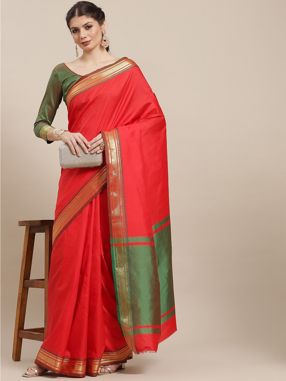 

MAHALASA Solid Silk Cotton Saree, Red