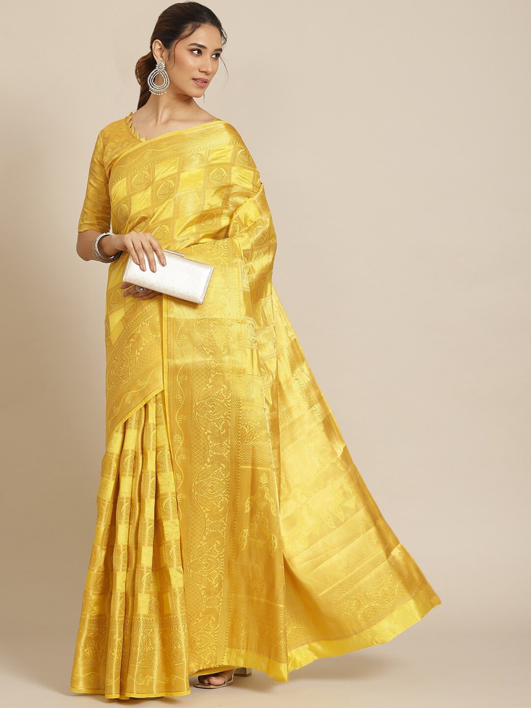 

MAHALASA Floral Woven Design Silk Cotton Saree, Yellow