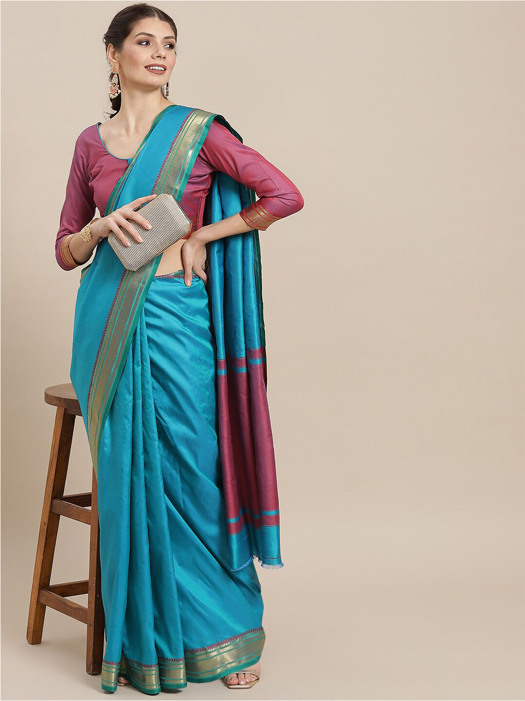 

MAHALASA Solid Silk Cotton Saree, Blue