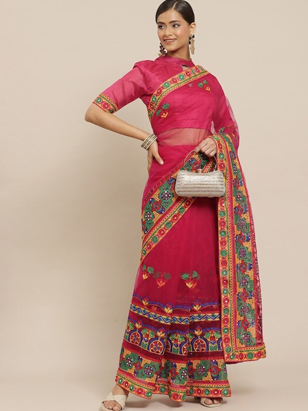 

MAHALASA Floral Embroidered Net Saree, Pink