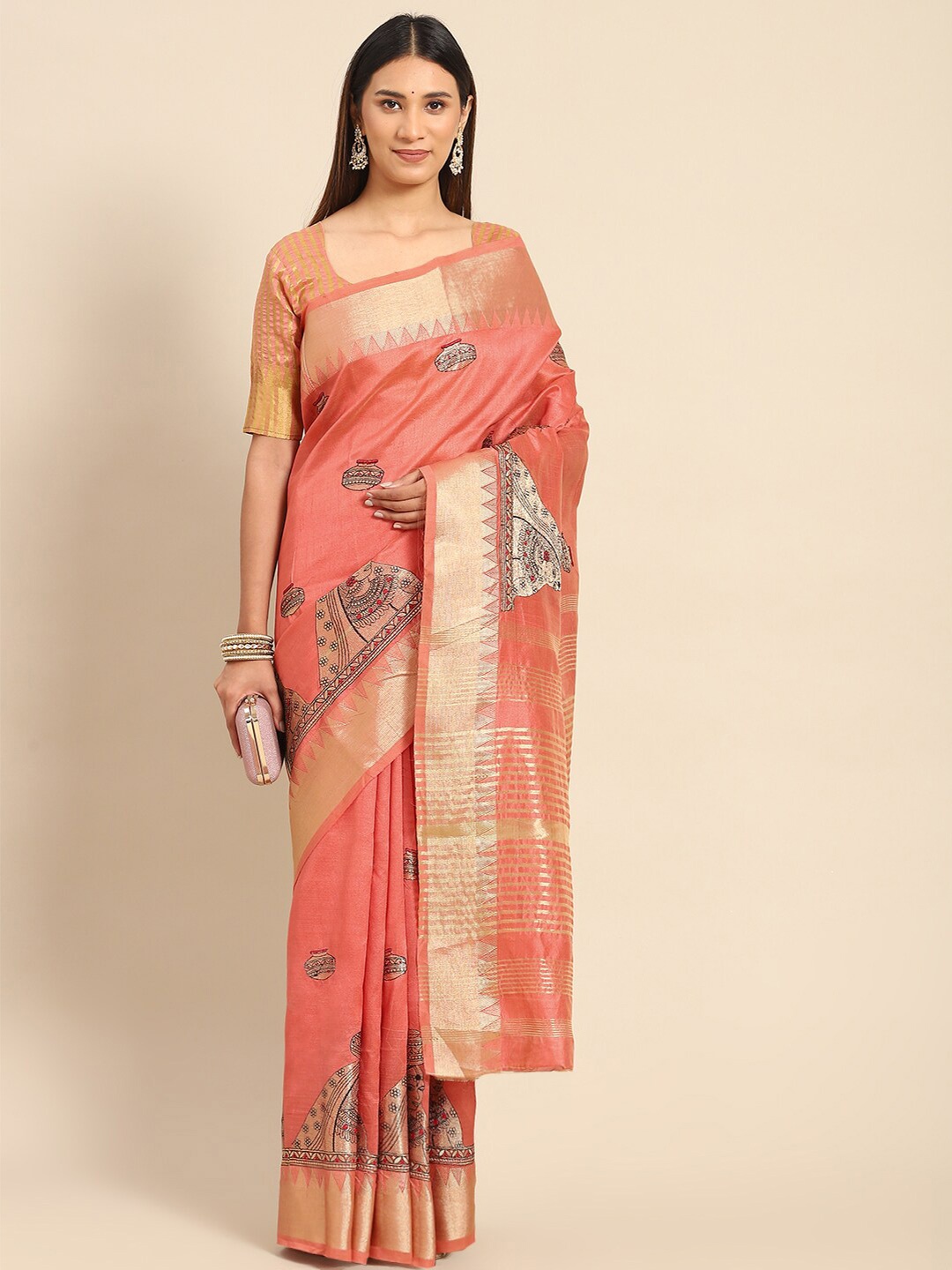 

MAHALASA Ethnic Motifs Embroidered Saree, Peach