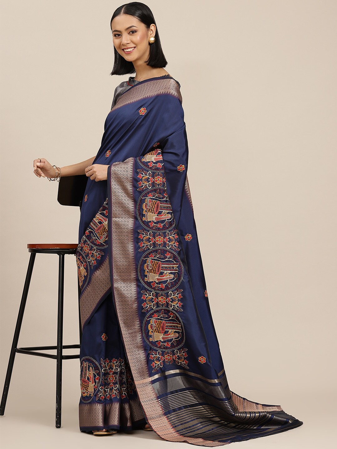

MAHALASA Ethnic Motifs Embroidered Saree, Blue