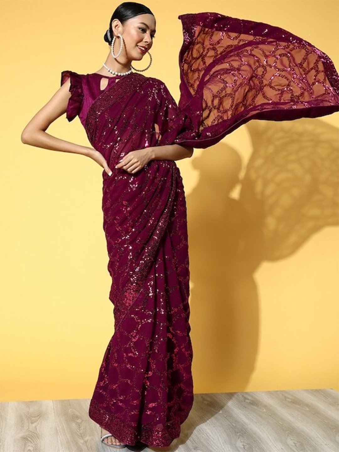 

MAHALASA Embellished Sequinned Pure Georgette Saree, Pink