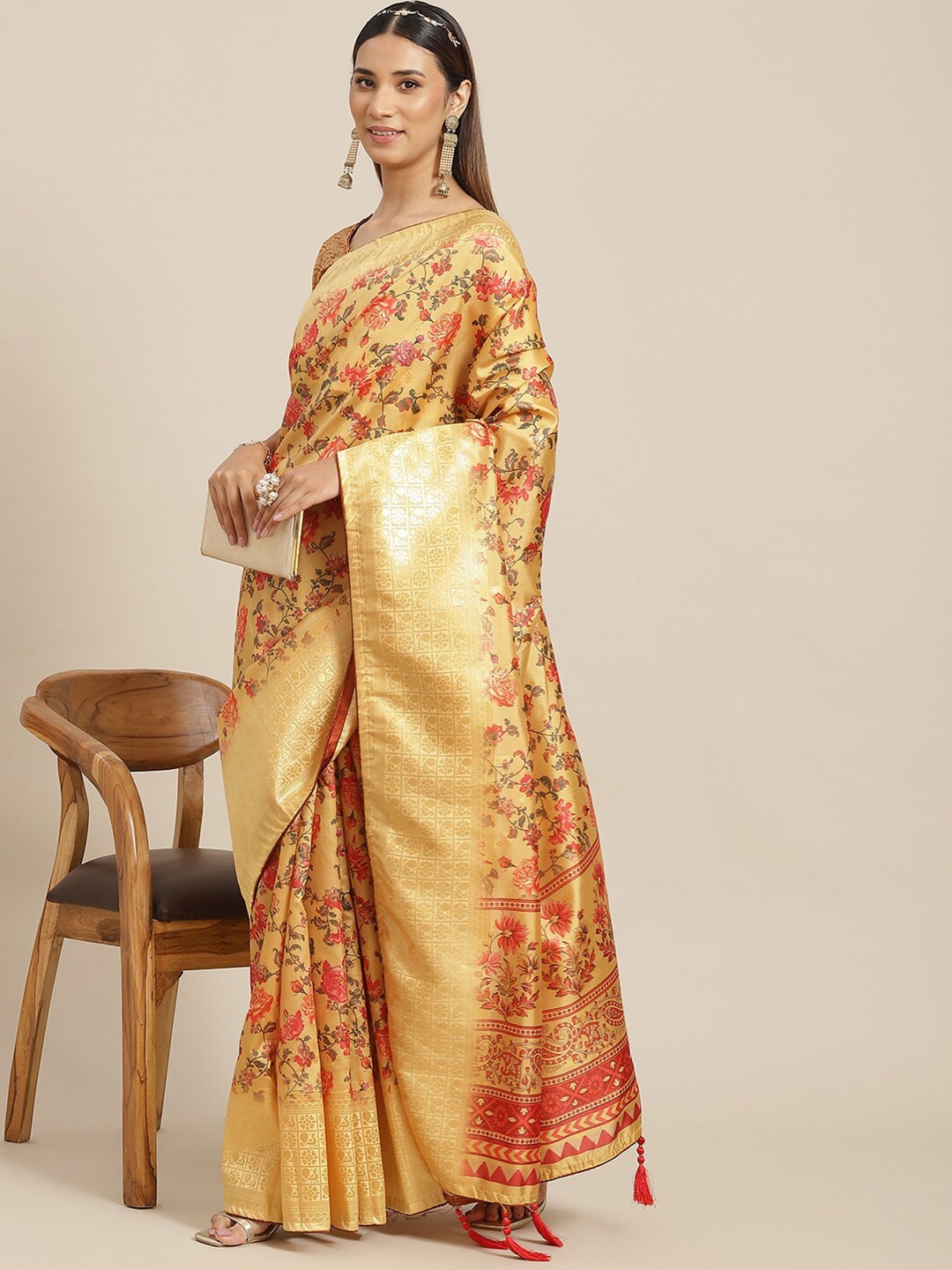 

MAHALASA Floral Printed Zari Banarasi Saree, Yellow