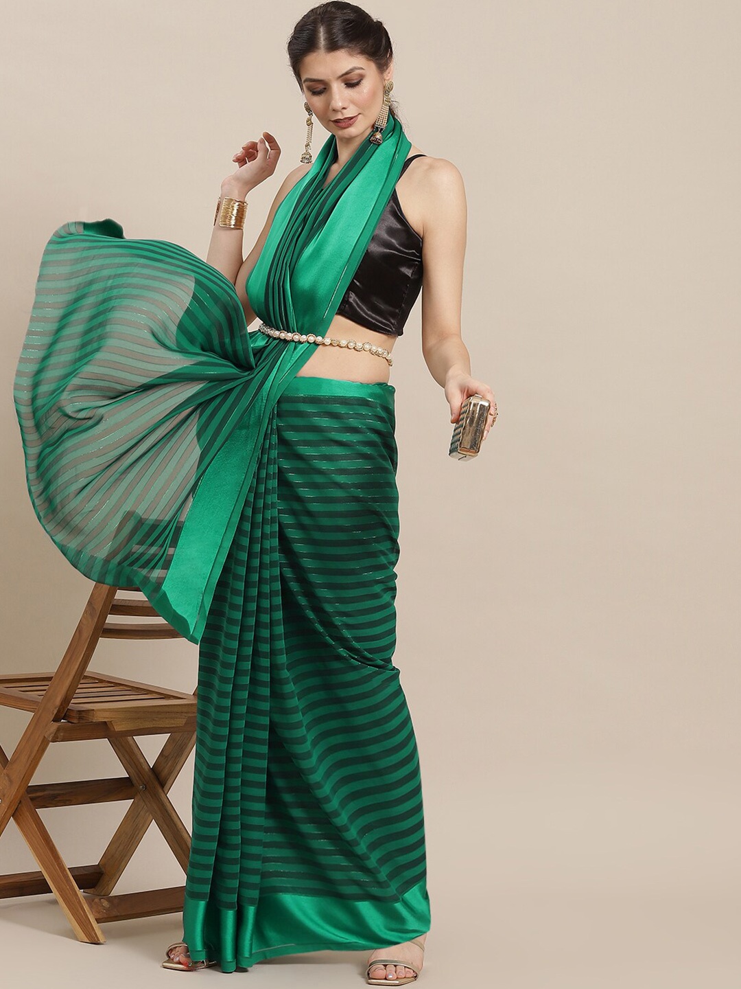 

MAHALASA Striped Silk Blend Saree, Green