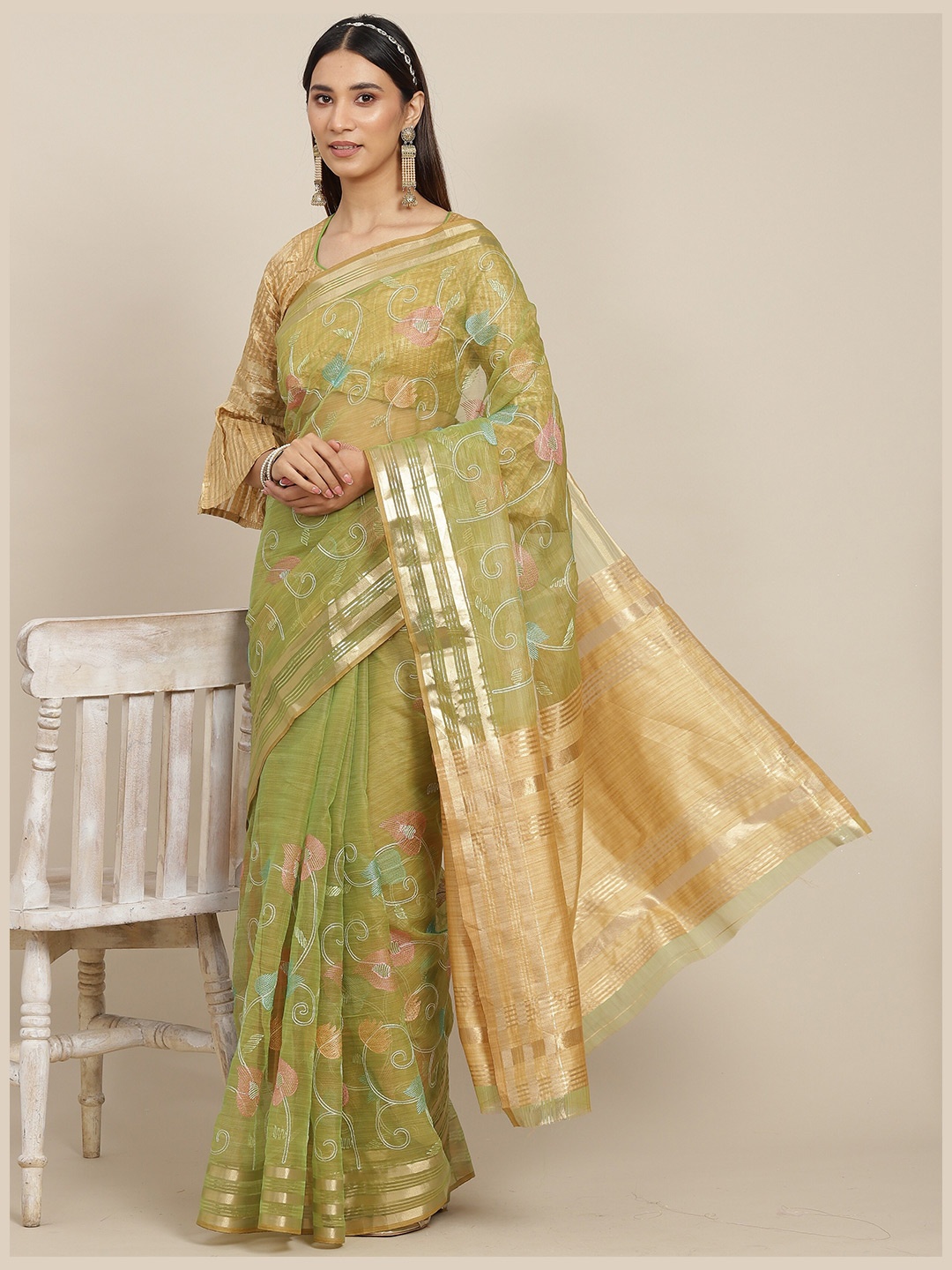 

MAHALASA Floral Embroidered Organza Saree, Green