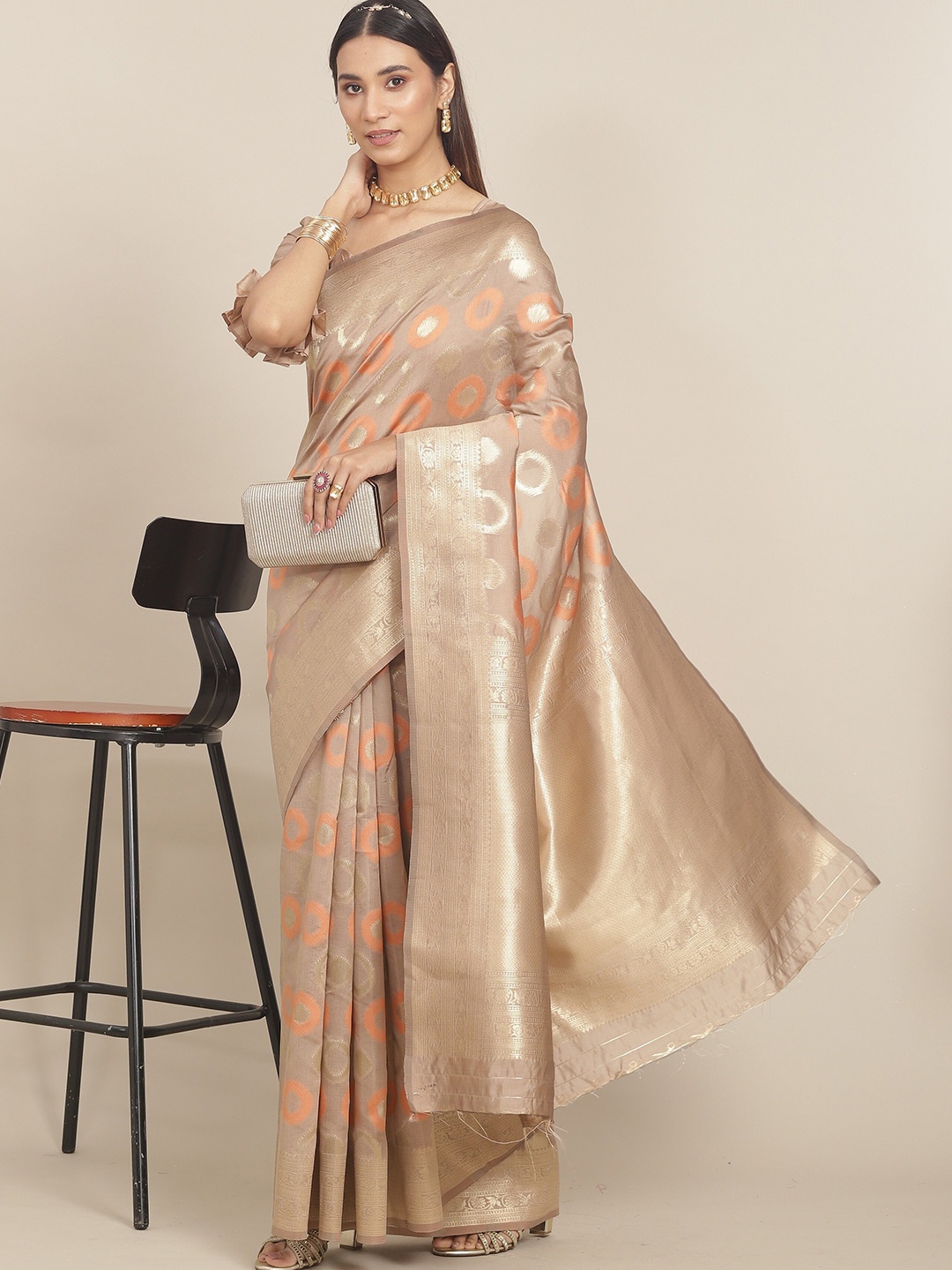 

MAHALASA Geometric Woven Design Zari Banarasi Saree, Beige
