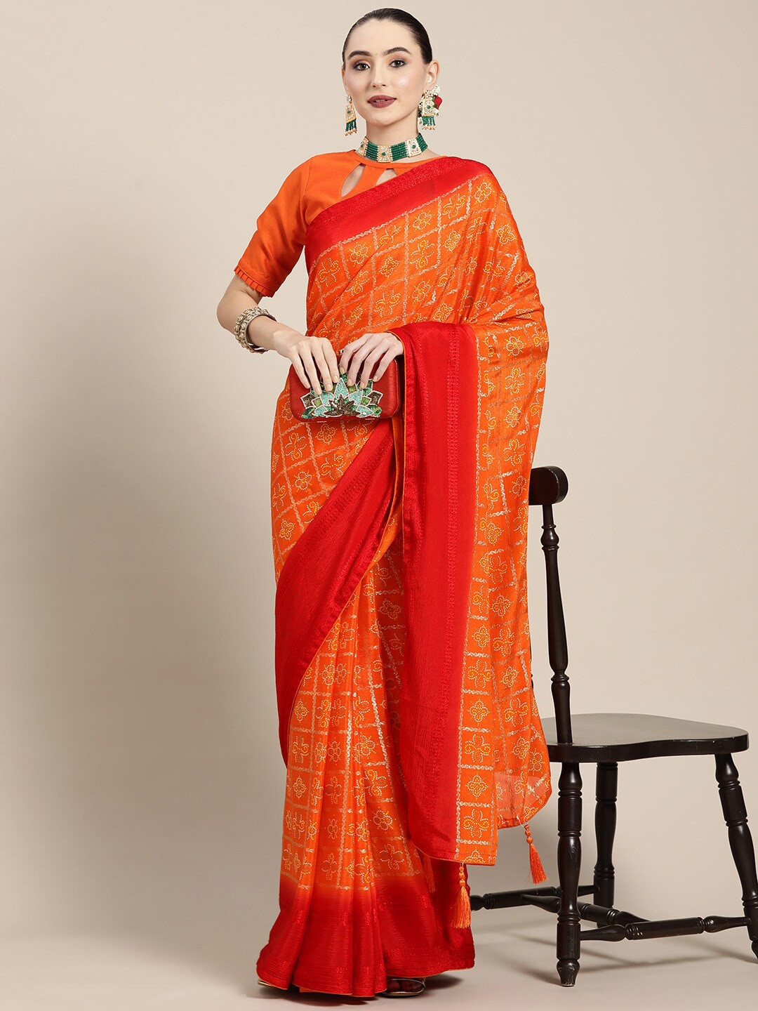

MAHALASA Bandhani Printed Zari Saree, Orange