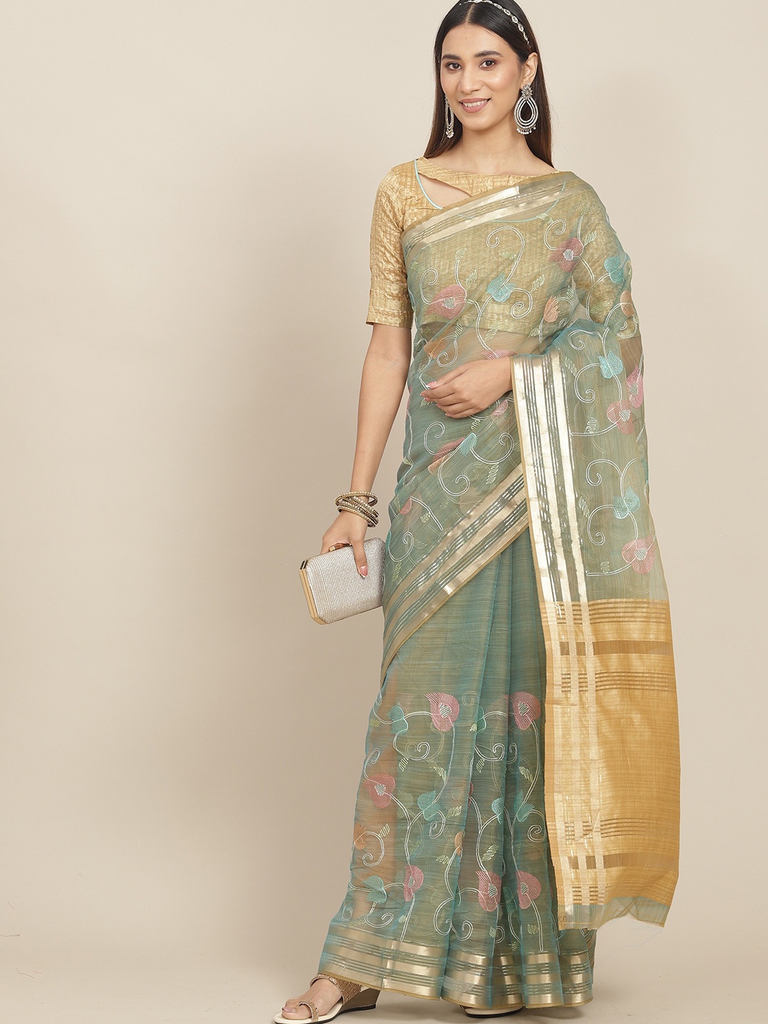 

MAHALASA Floral Embroidered Organza Saree, Turquoise blue