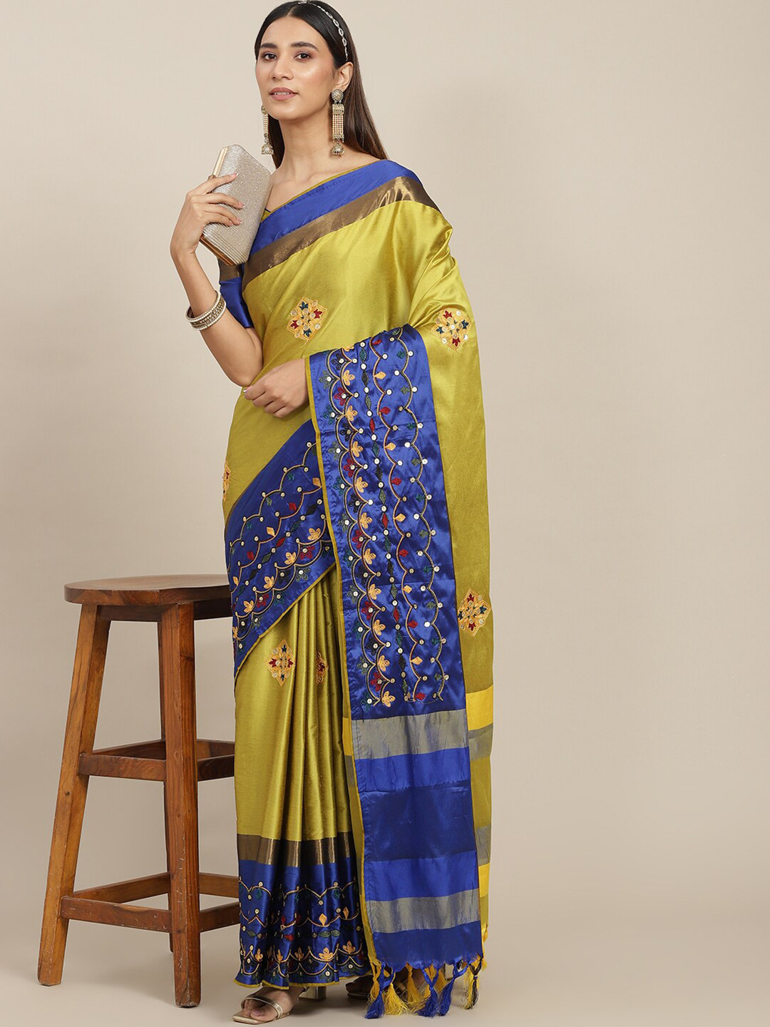 

MAHALASA Floral Embroidered Silk Cotton Saree, Yellow