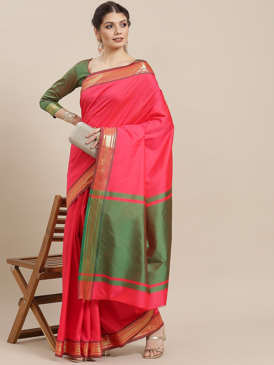 

MAHALASA Colourblocked Zari Cotton Silk Saree, Pink