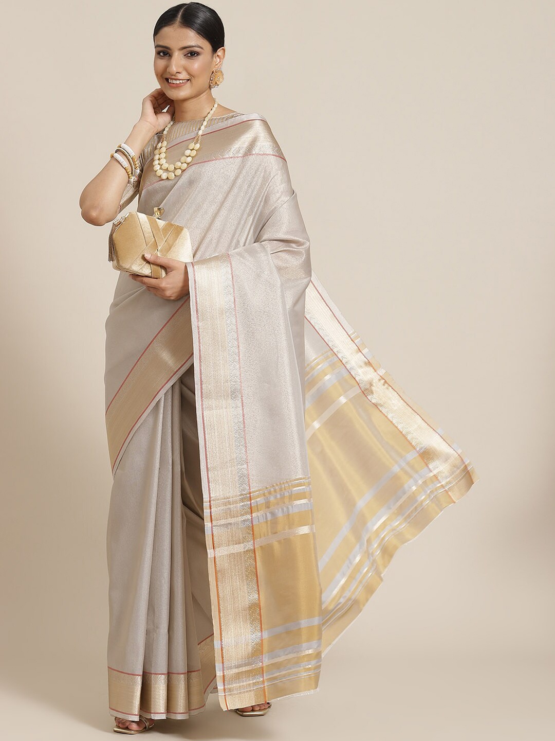 

MAHALASA Zari Cotton Silk Saree, Grey