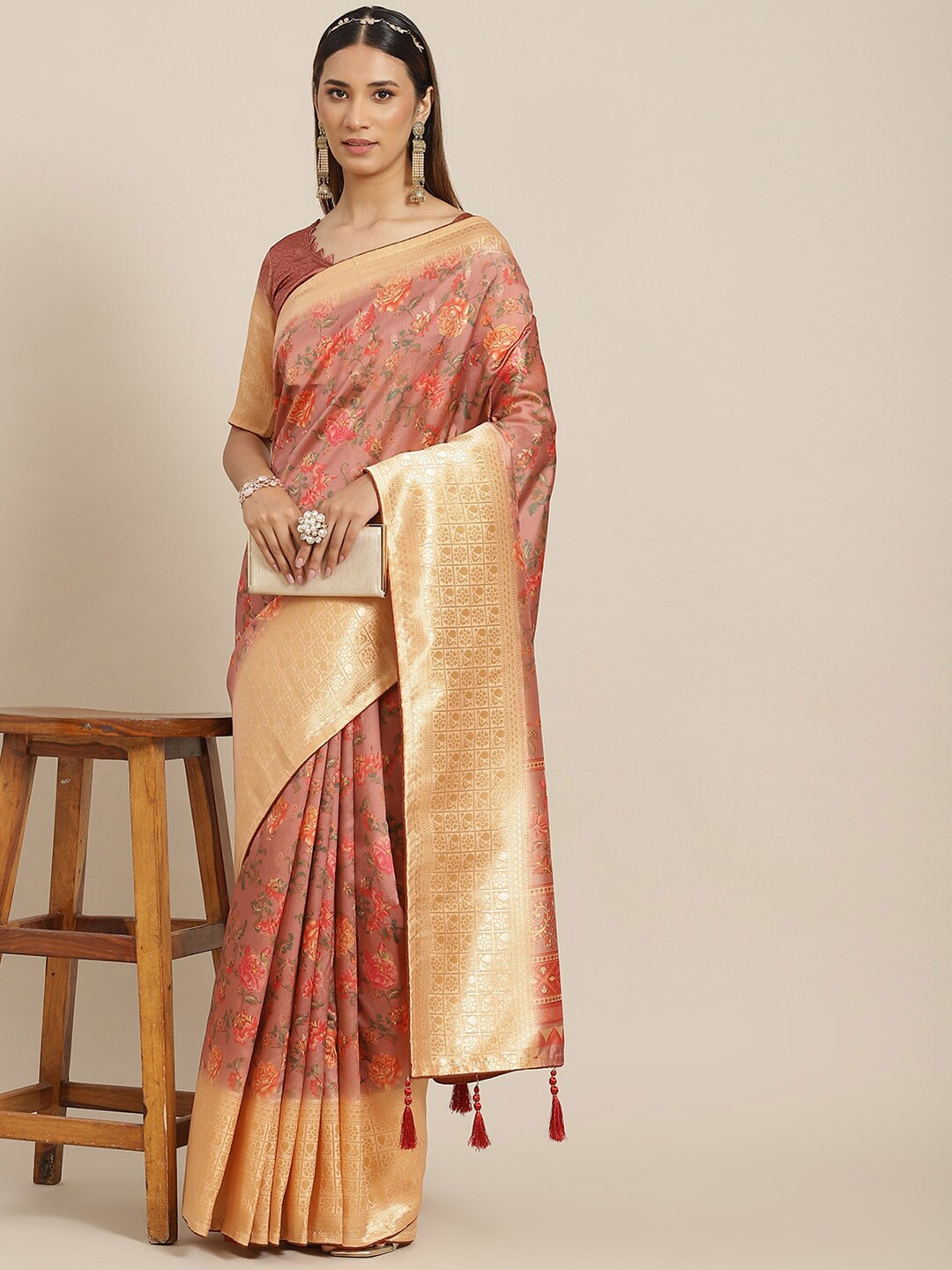 

MAHALASA Floral Printed Woven Design Zari Saree, Pink