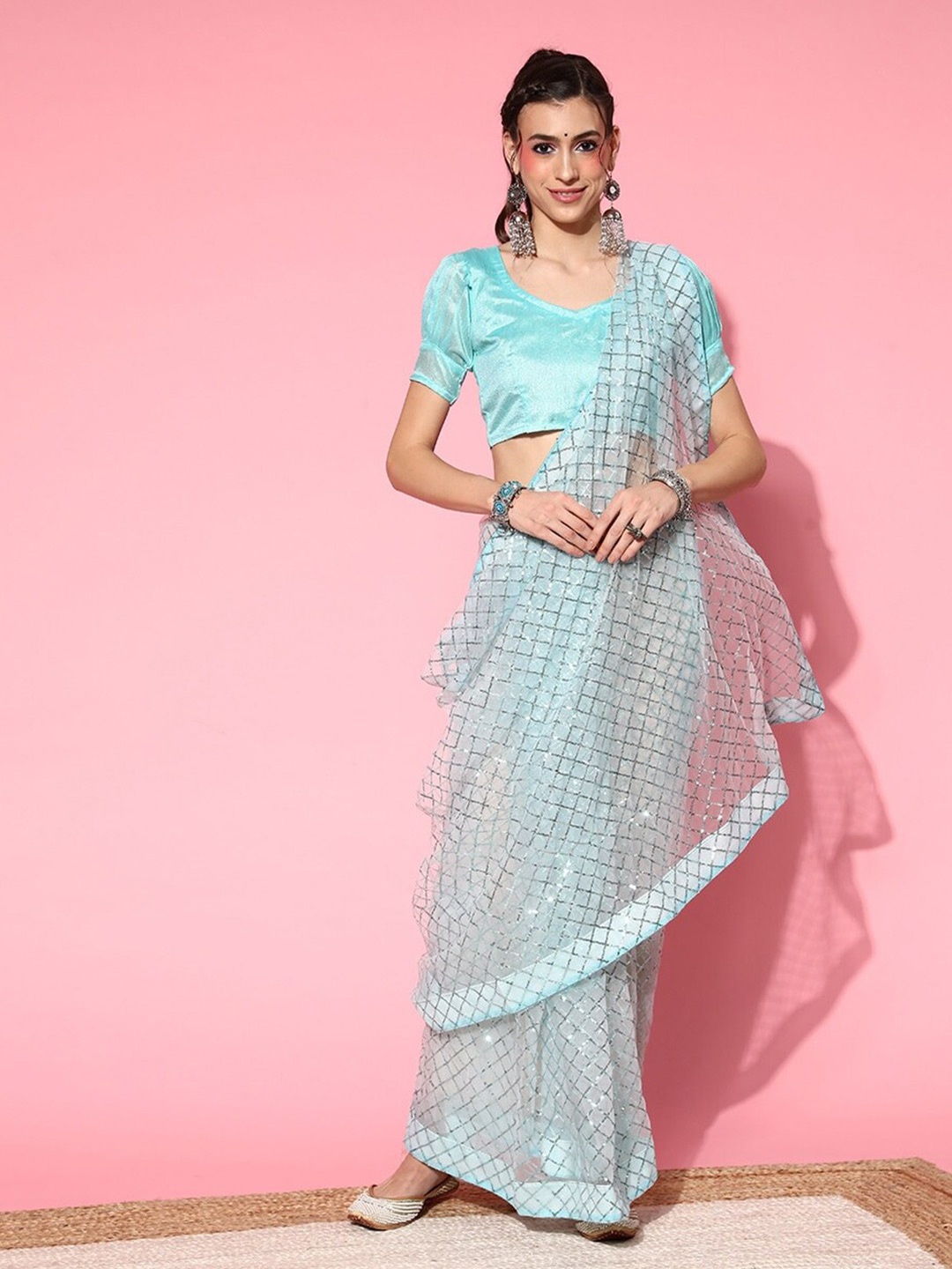

MAHALASA Embellished Sequinned Net Saree, Turquoise blue