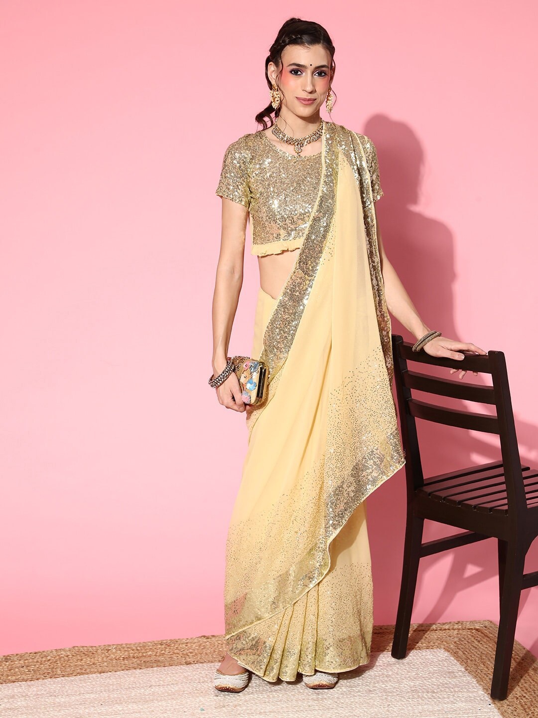 

MAHALASA Embellished Sequinned Pure Georgette Saree, Cream