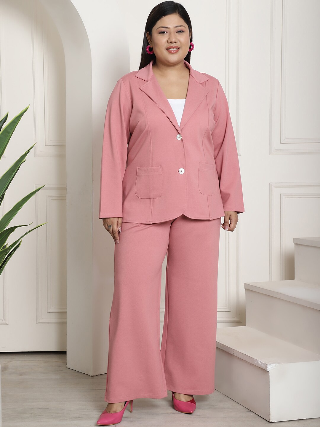 

theRebelinme Notched Lapel Collar Neck Coat With Wide Leg Trousers 2 Pcs Suit, Pink