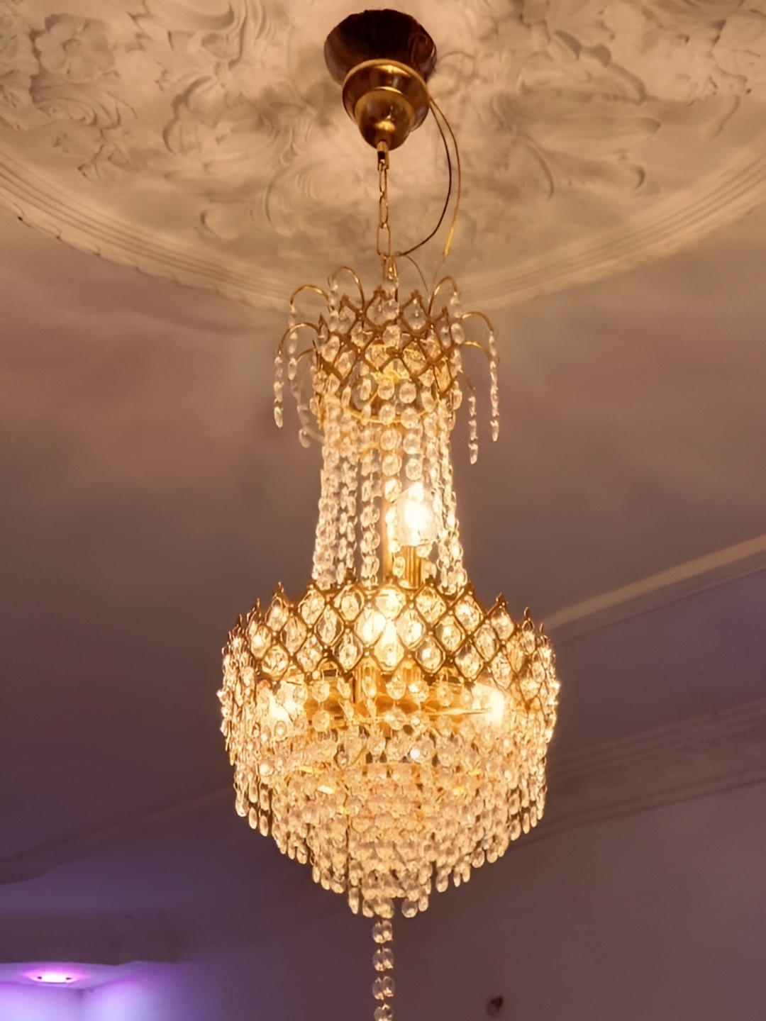 

SHRI MAHAL ANTIQUES Gold-Toned & White Crystal Chandelier Ceiling Lamp