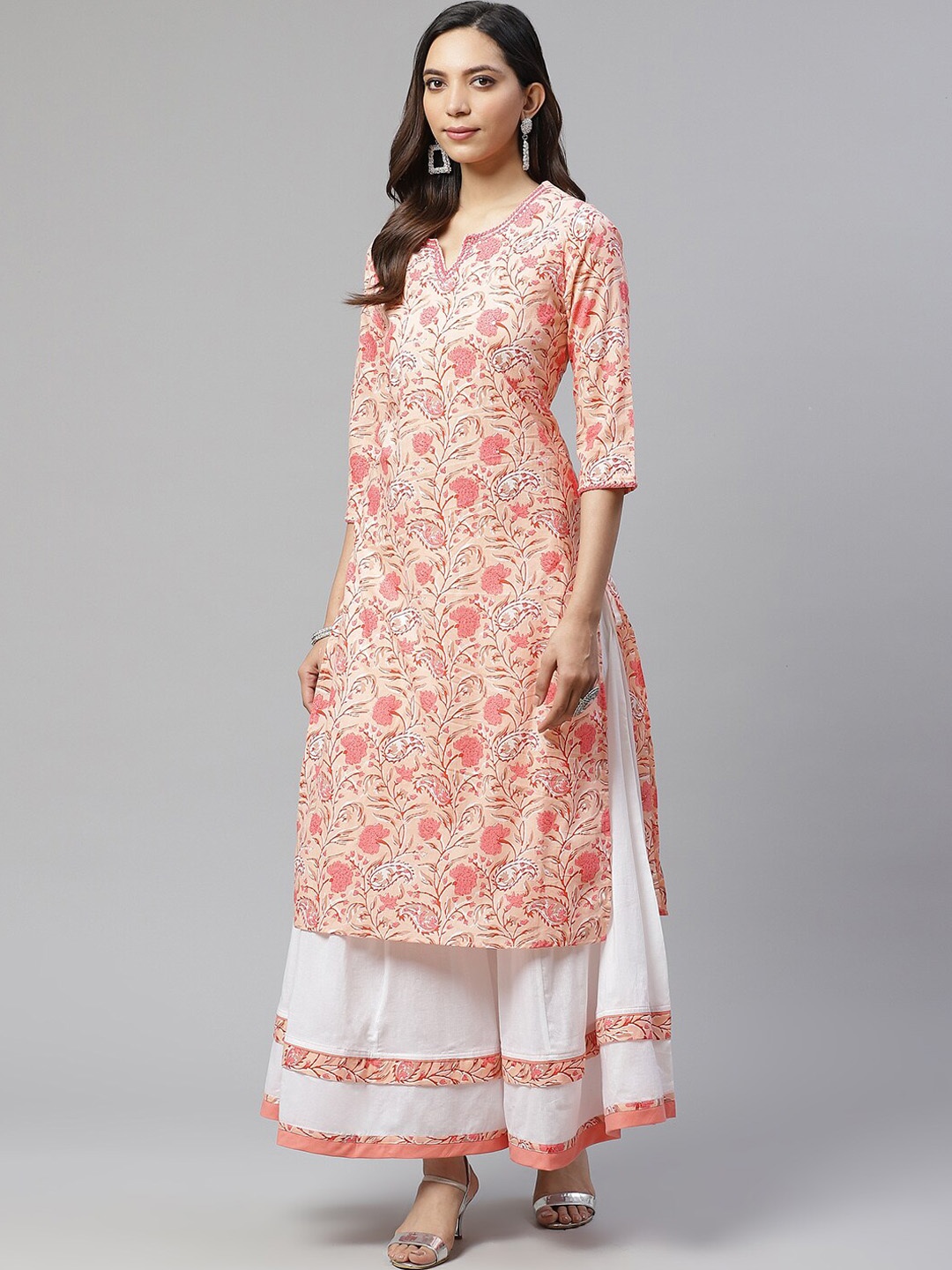 

KALINI Paisley Printed Sequinned Detailed Pure Cotton Straight Kurta With Palazzo, Peach