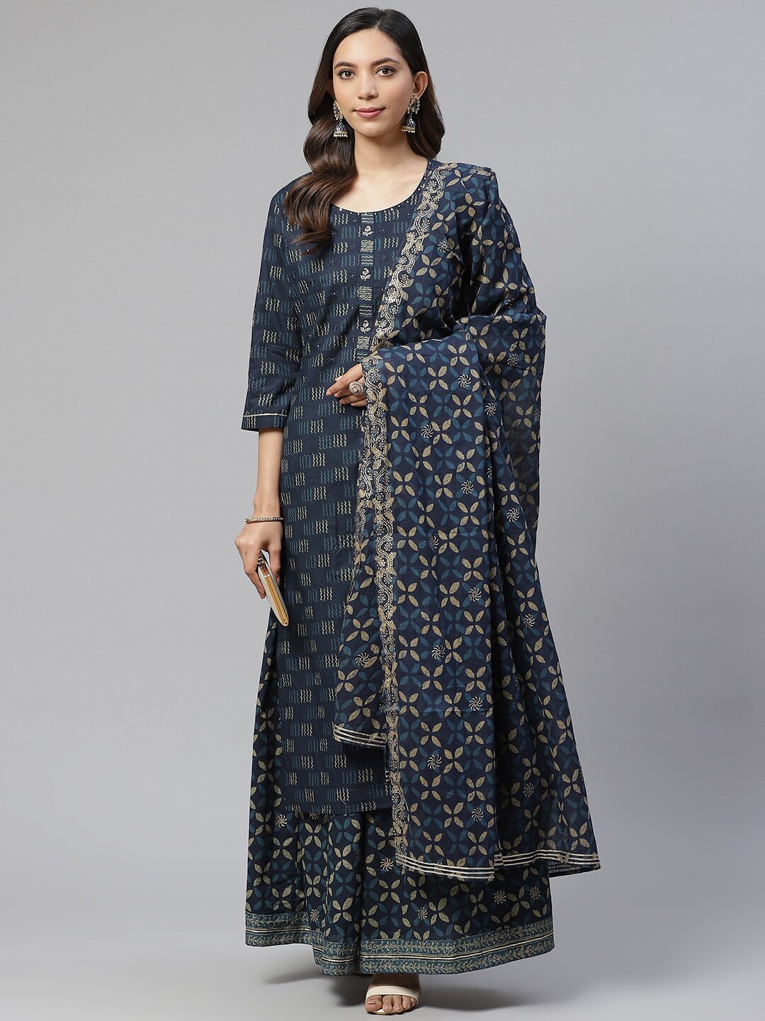 

KALINI Abstract Printed Beads and Stones Pure Cotton Kurta With Palazzos & Dupatta, Blue