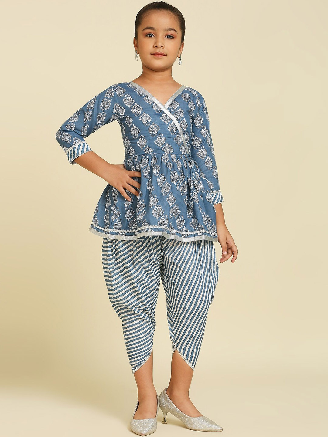 

GUFRINA Girls Floral Printed Angrakha Top with Dhoti Pants, Blue
