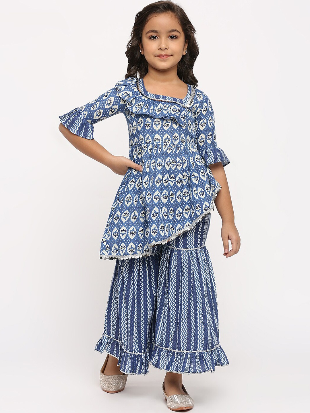 

GUFRINA Girls Floral Printed Pleated Asymmetric Hem Kurti with Sharara, Blue