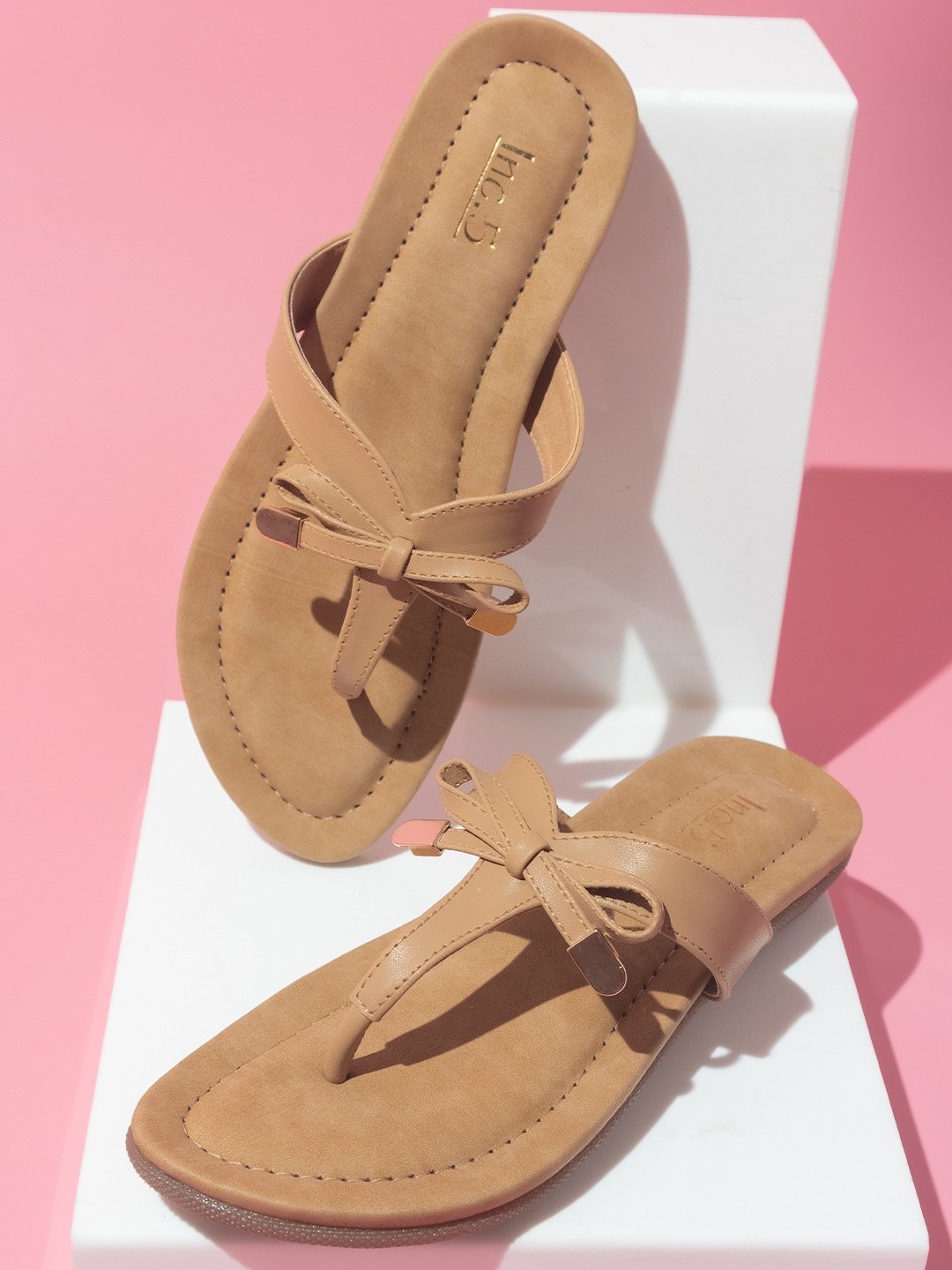 

Inc 5 Suede Open Toe Flats With Bows, Beige