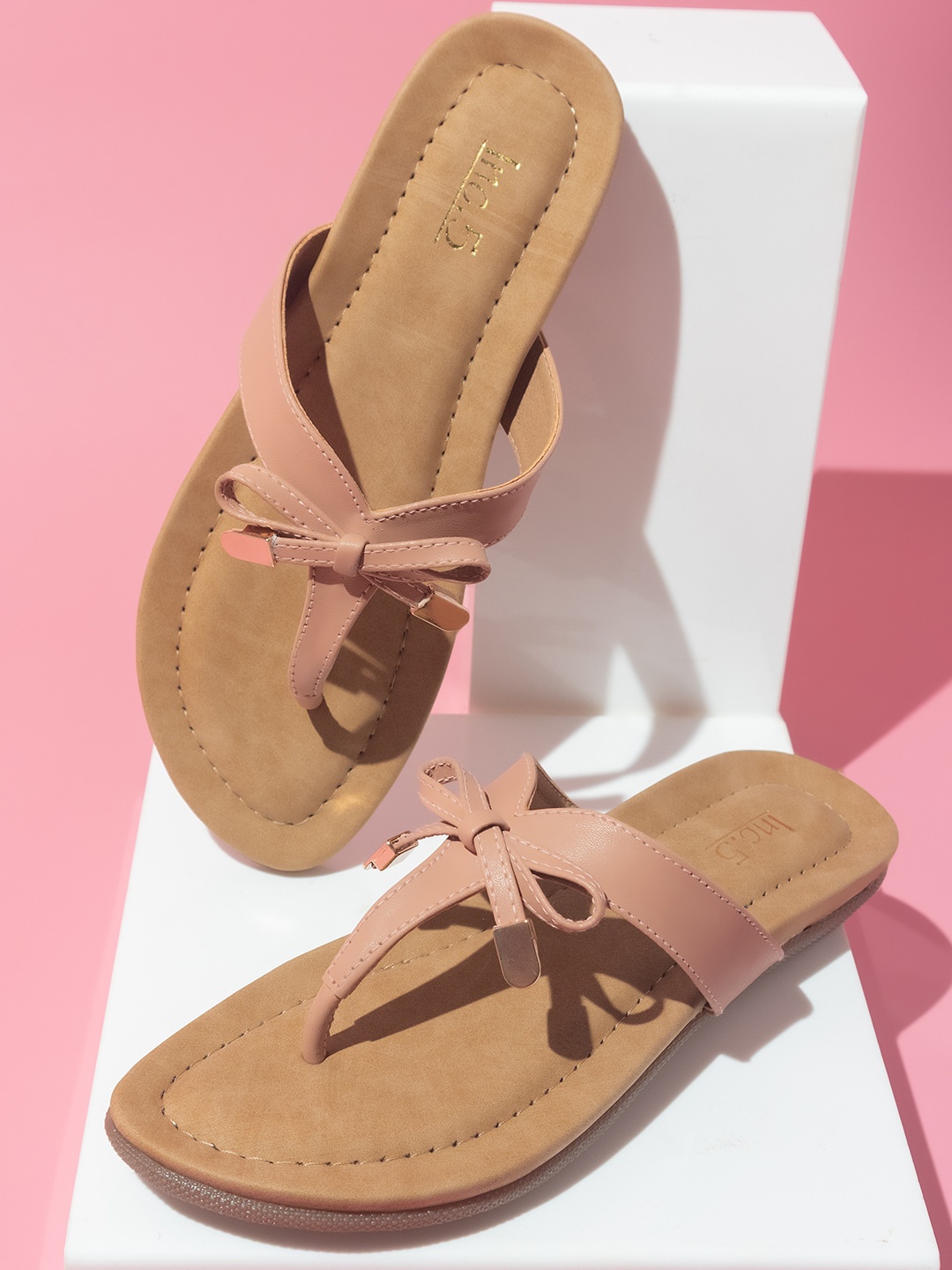 

Inc 5 Suede Open Toe Flats With Bows, Peach