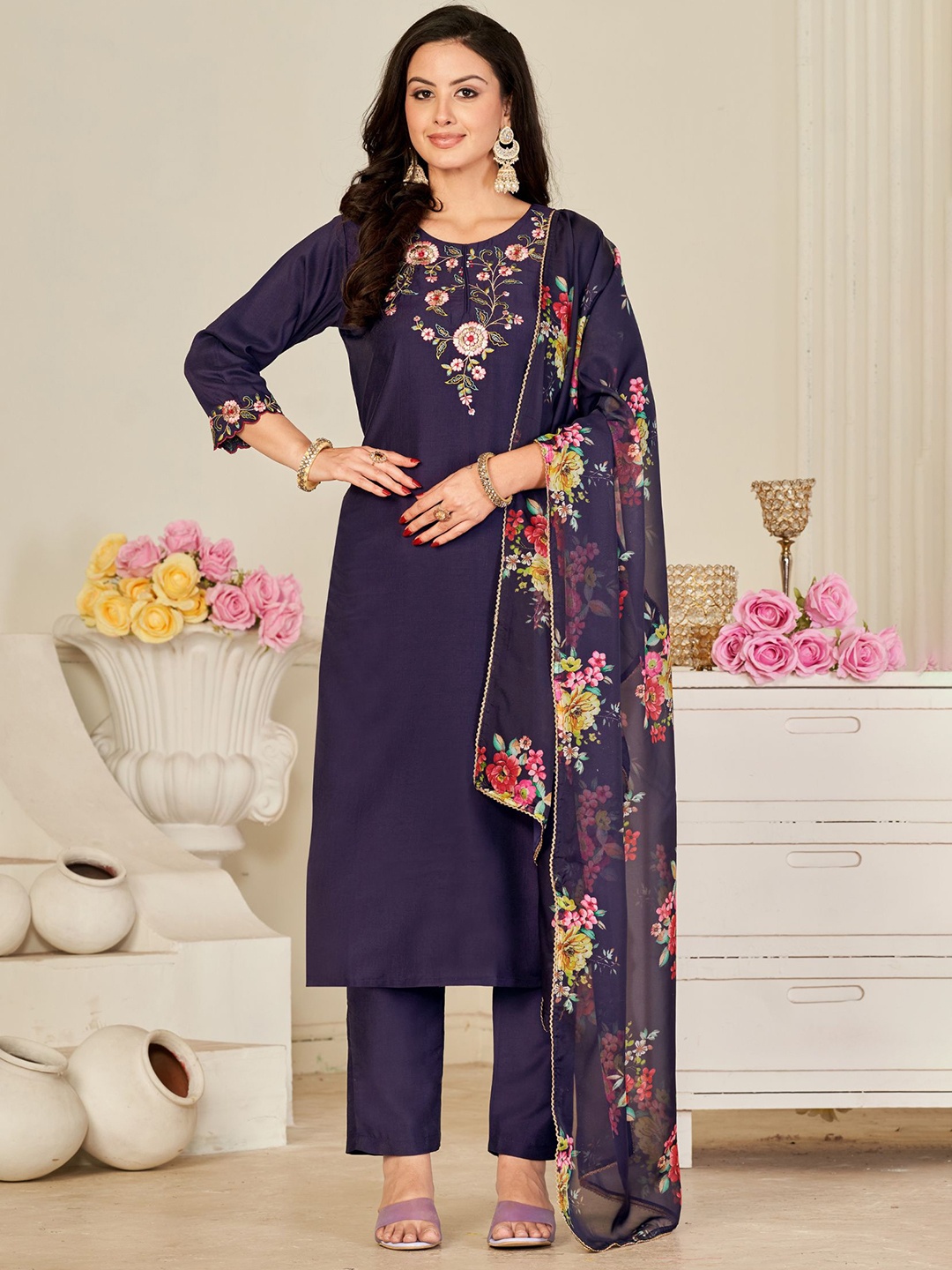 

KALINI Floral Yoke Design Thread Work Kurta With Trousers & Dupatta, Violet