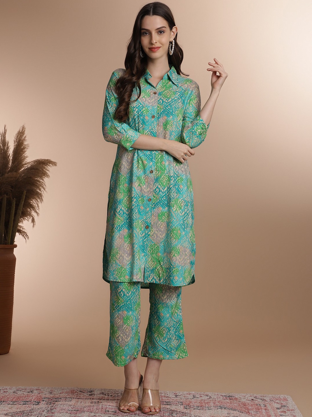 

Anouk Printed Pure Viscose Straight Pathani Kurta & Trousers, Blue