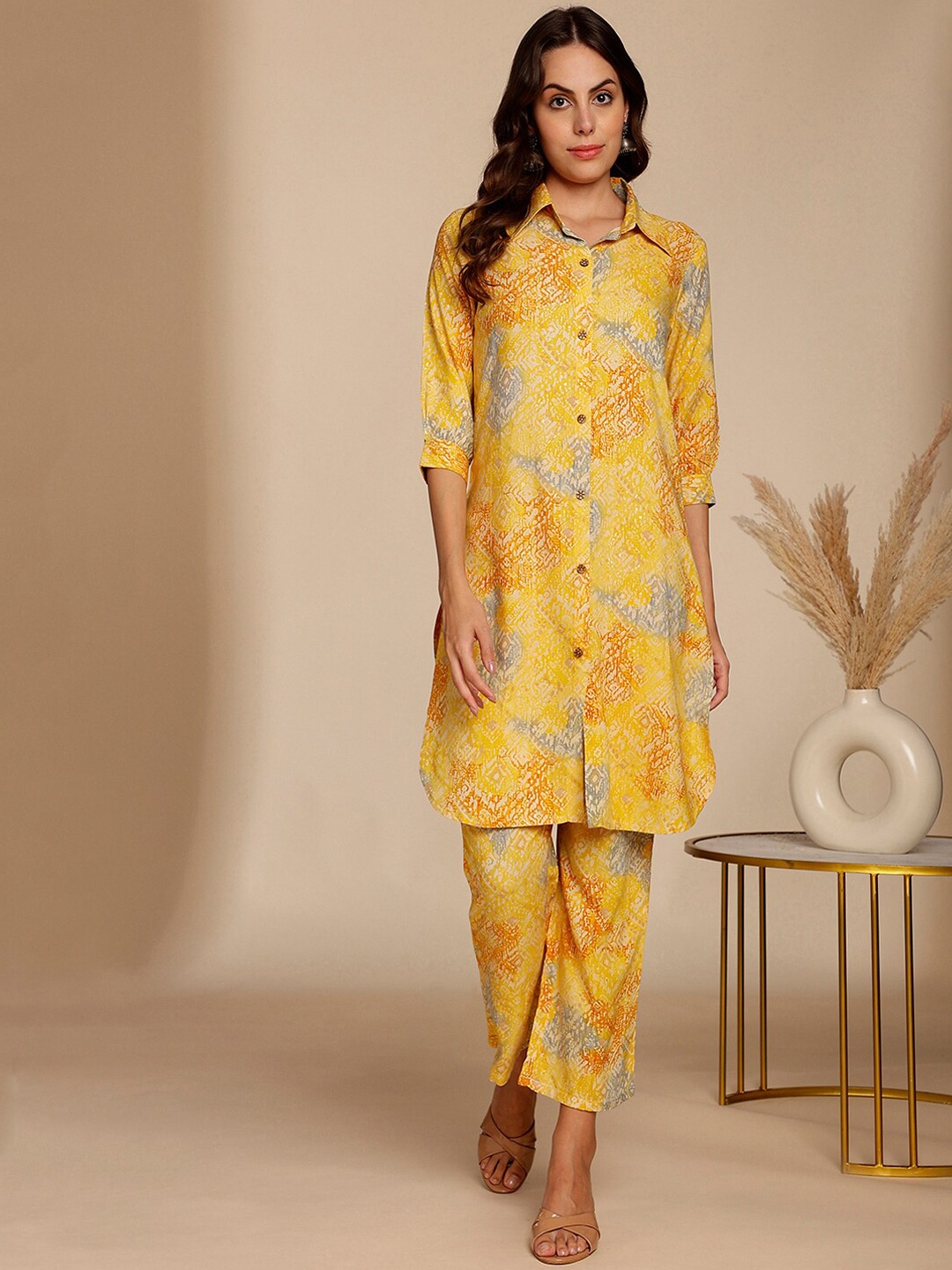 

Anouk Printed Pure Viscose Straight Pathani Kurta & Trousers, Mustard