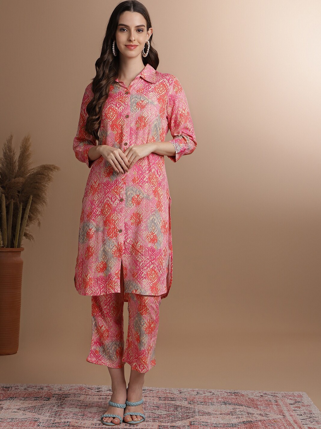 

Anouk Pink Ethnic Motifs Printed Pure Viscose Straight Pathani Kurta & Trousers