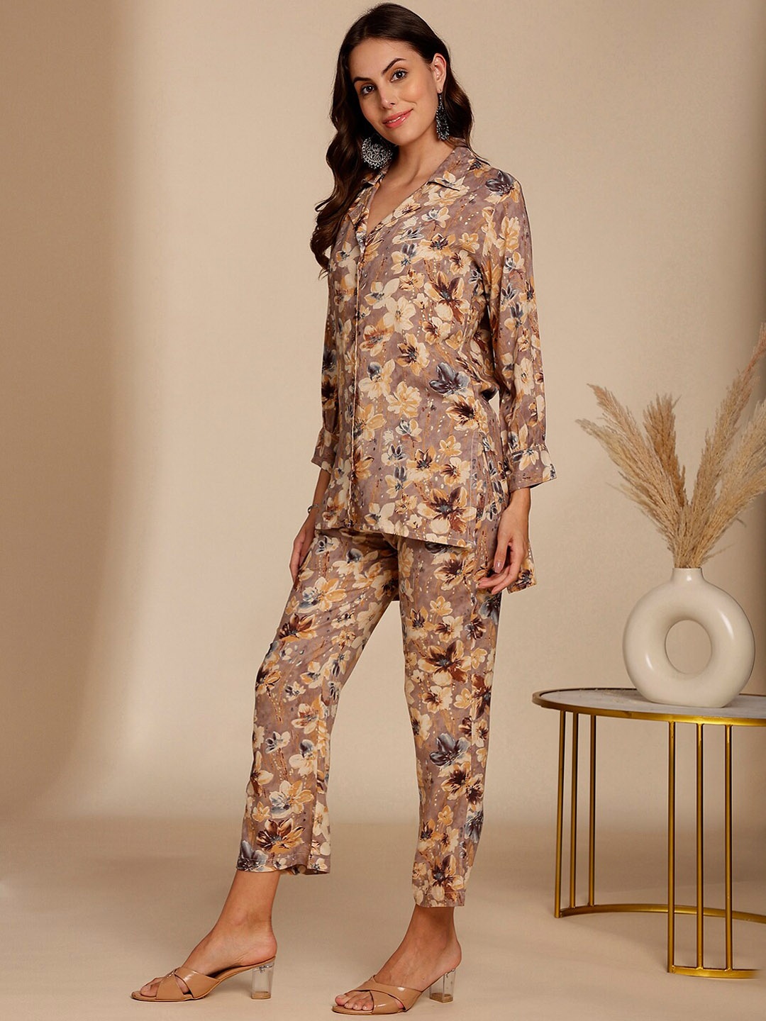 

Anouk Floral Printed Lapel Collar Top & Trouser, Beige