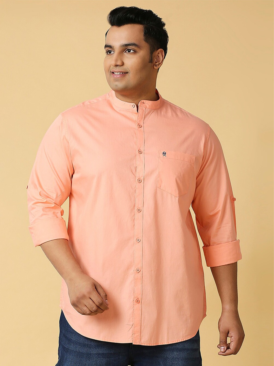 

Thomas Scott Plus Size Classic Band Collar Pure Cotton Casual Shirt, Peach